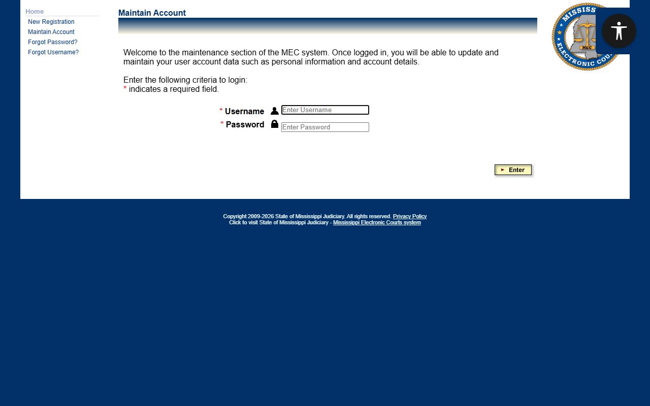 Simpson County court dockets PAMEC online registration and login page