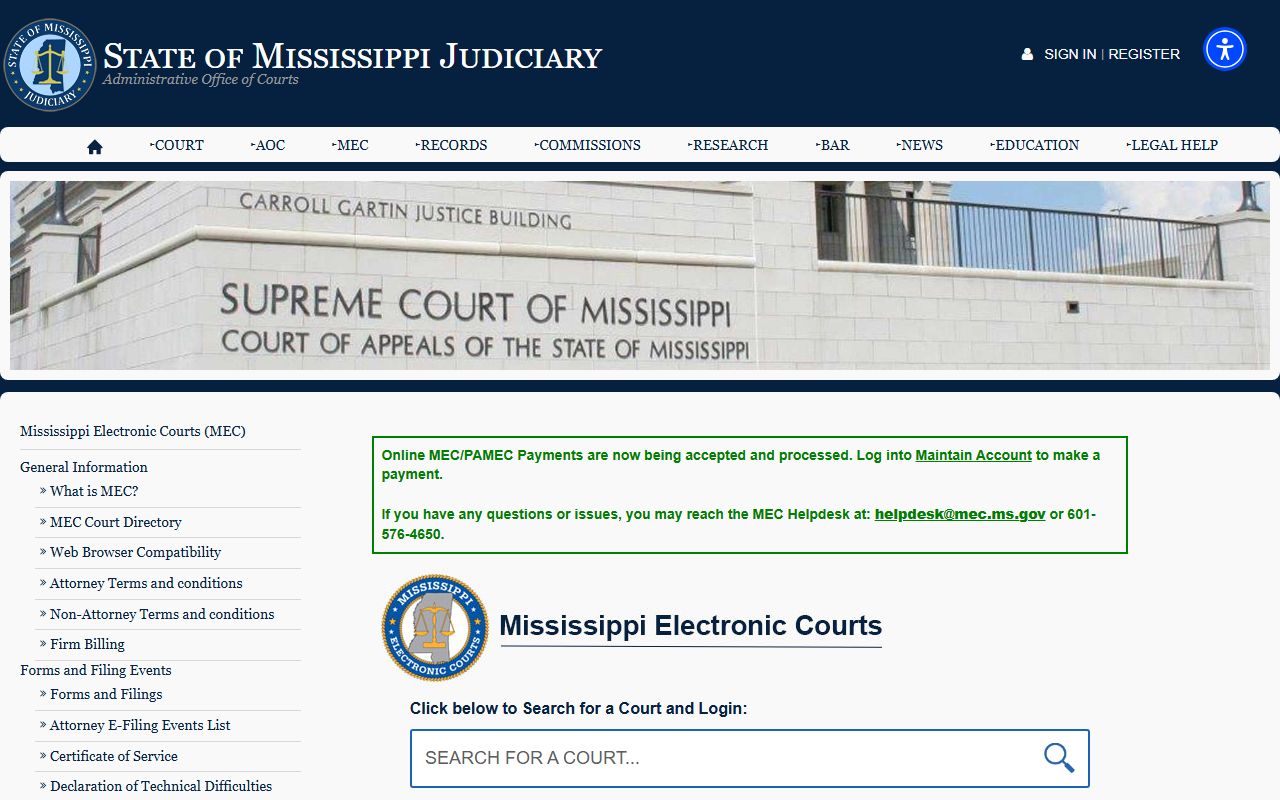Mississippi Electronic Courts page used for Simpson County court records access