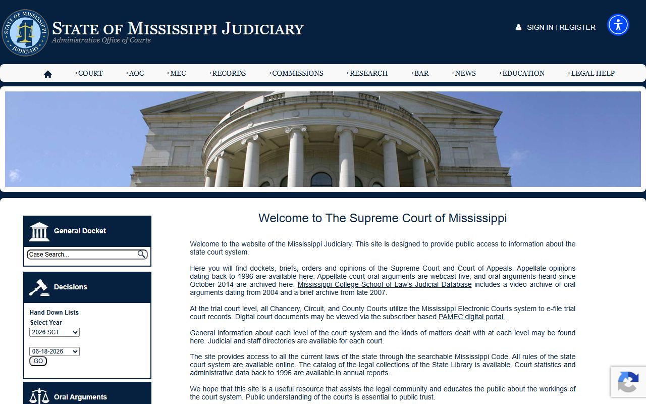 Mississippi Judiciary site supporting Simpson County court records access